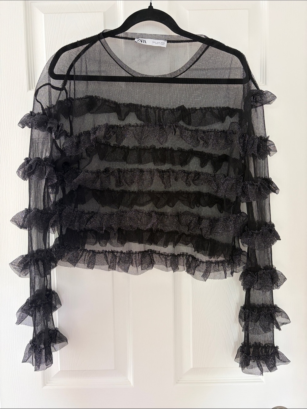 Zara Black Sheer Ruffle Mesh Blouse